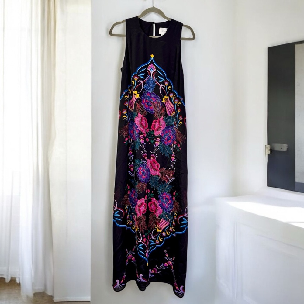 JADE BY JOHNNY WAS TATIANNA BLACK  KALEIDOSCOPE SILK MAXI DRESS SIZE S - Picture 10 of 11